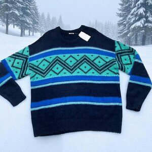 Holiday Lane Mens XL Oversized Sweater Blue Geometric Winter Cozy Vintage Retro